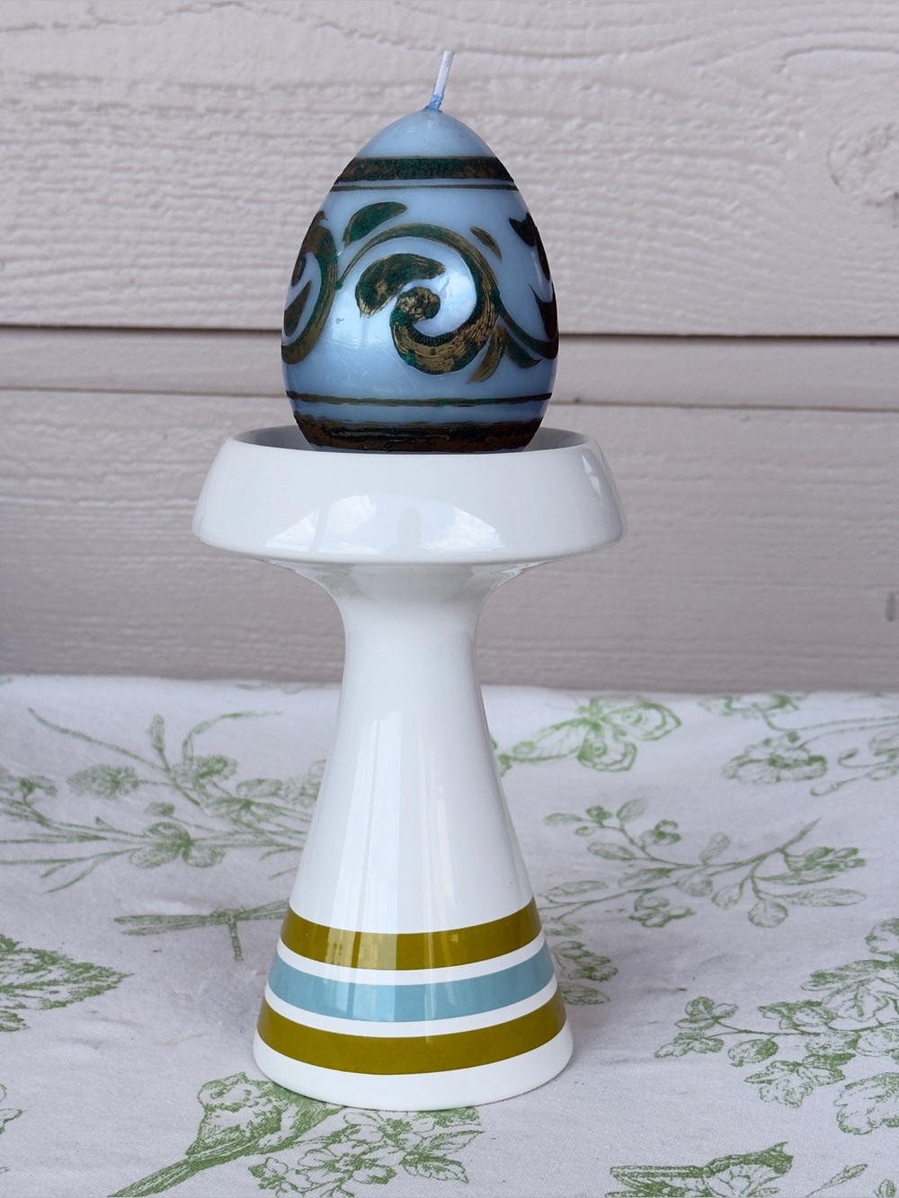 Jonathan Adler Happy Chic Ceramic Sky & Olive Striped Pillar Candle Holder